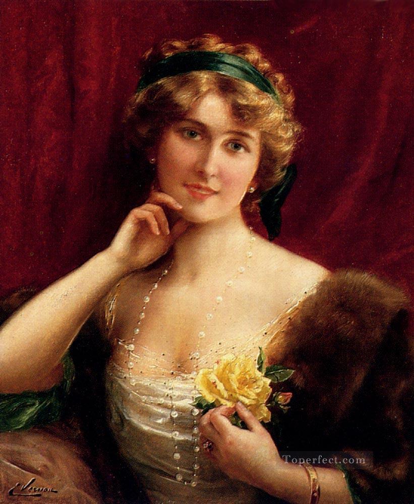 An Elegant Lady With A Yellow Rose girl Emile Vernon Oil Paintings